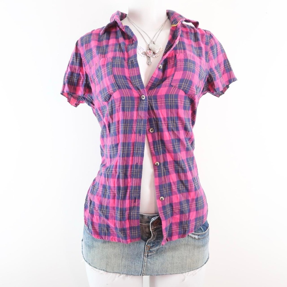 y2k pink navy plaid button up shirt